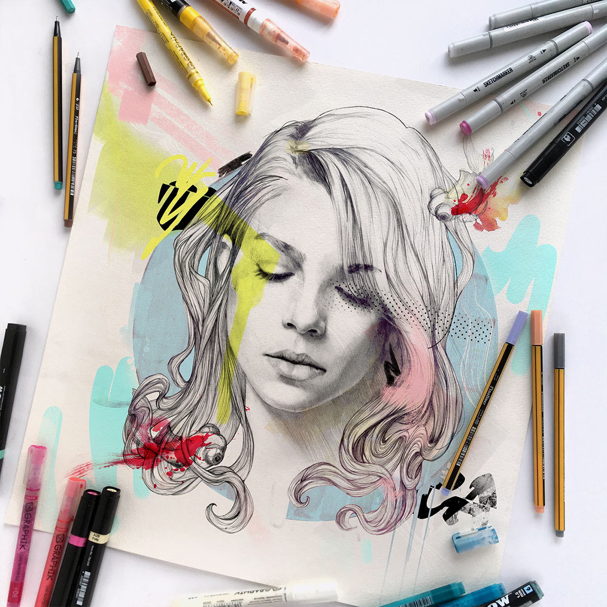 emma Marrone face pencil collage woman Urban lines feminine pink portrait colours watercolor realbrown