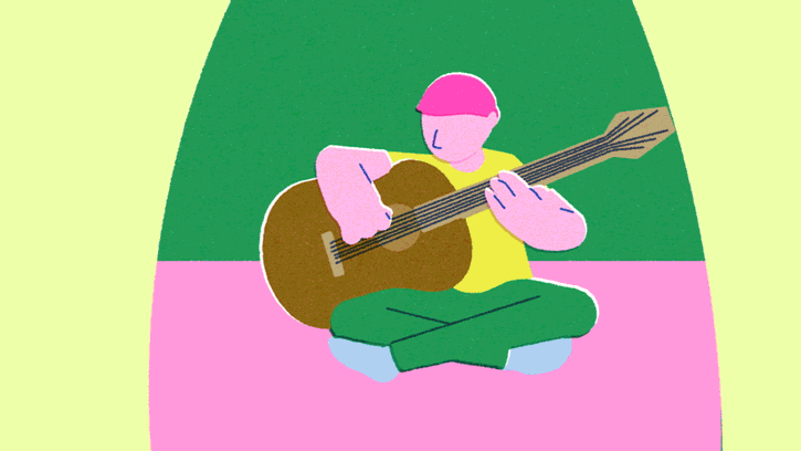Zoom in animation of a photographer taking a picture and a musician playing guitar