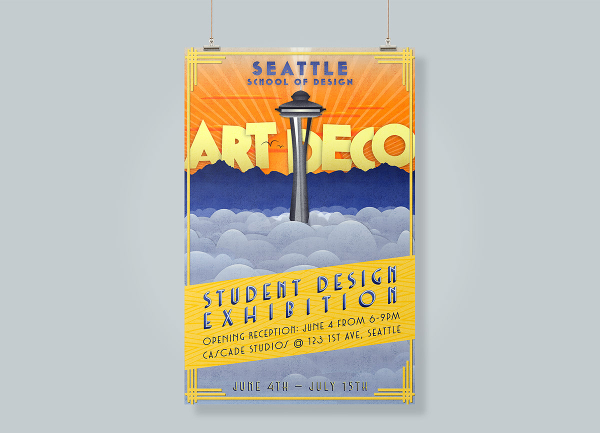 poster art deco seattle Space Needle student Digital Art  clouds mountains SKY fog