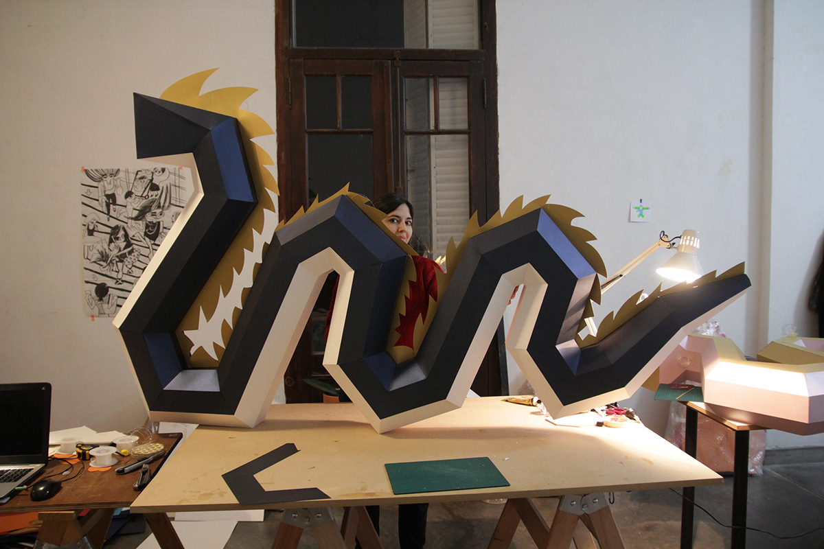 papercraft paper sculpture set design  teatro colon CETC paper dragon fire bird guardabosques lowpoly