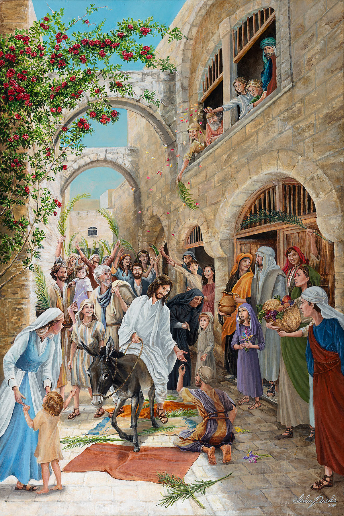 Palm Sunday sunday jesus jerusalem palms Flowers donkey animals children Easter religious art christ buildings Roses fruits