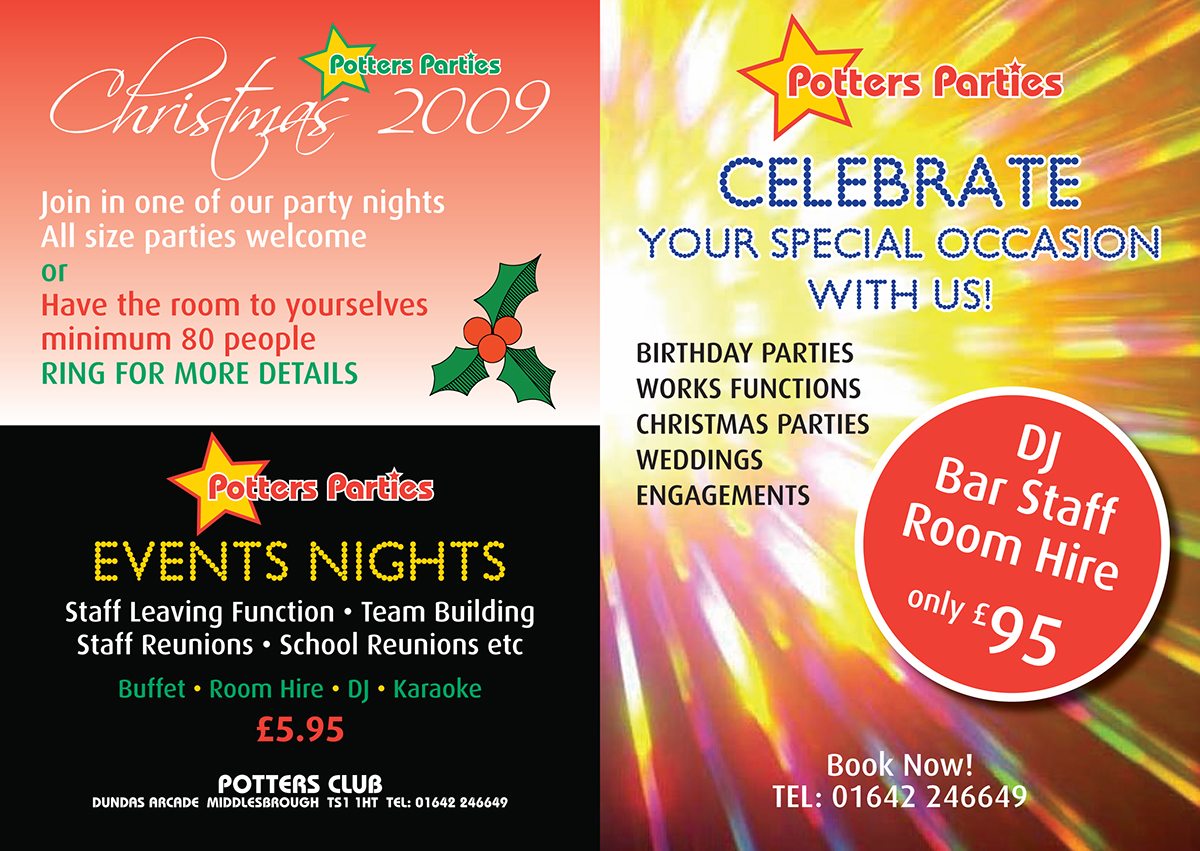 Potters Parties party function room  leaflet design print colour celebration