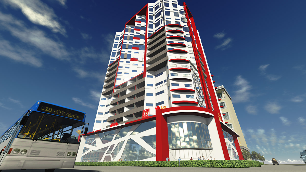 multi function building housing design shopping mall towers people