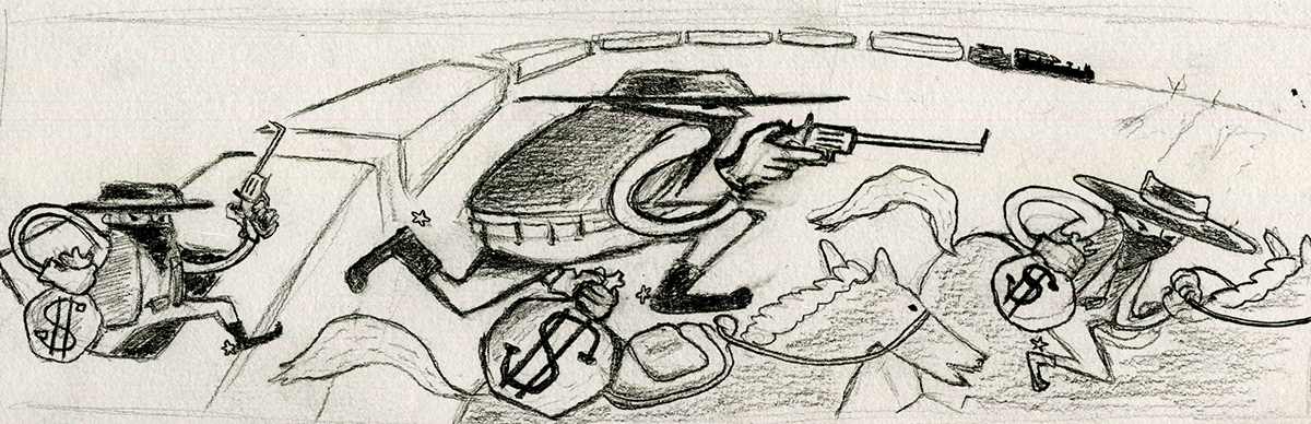 hotoffthepresses planadviser Plansponsor art digital color digital painting Editorial Illustration publication Illustration for Publication editorial cowboy Train Robbery horses western forced perspective