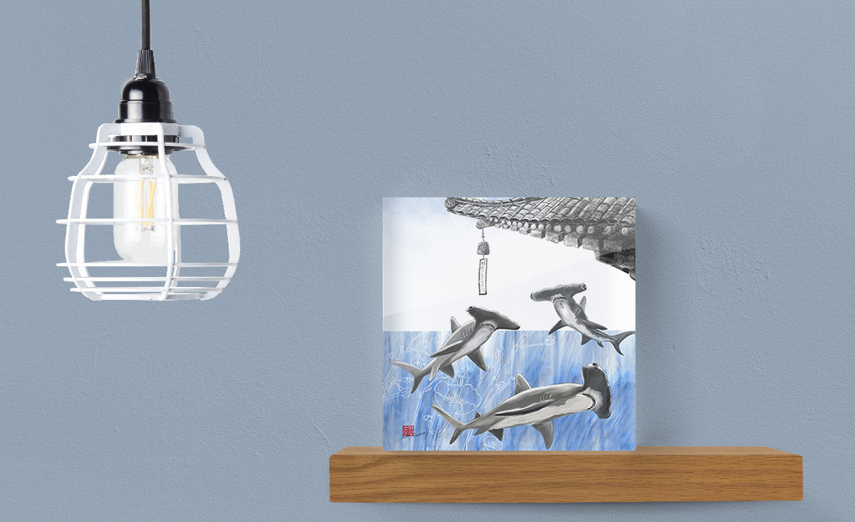 asian temple digital charcoal Hammerhead Sharks Procreate sharks Digital Art  digital illustration ILLUSTRATION 