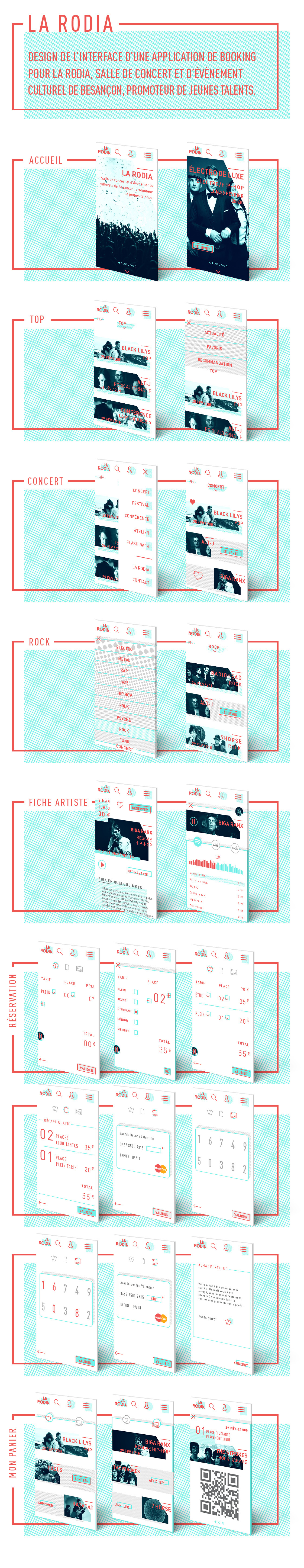 UI bleu +Web design+ application mobile bichromie salle de concert Typographie design