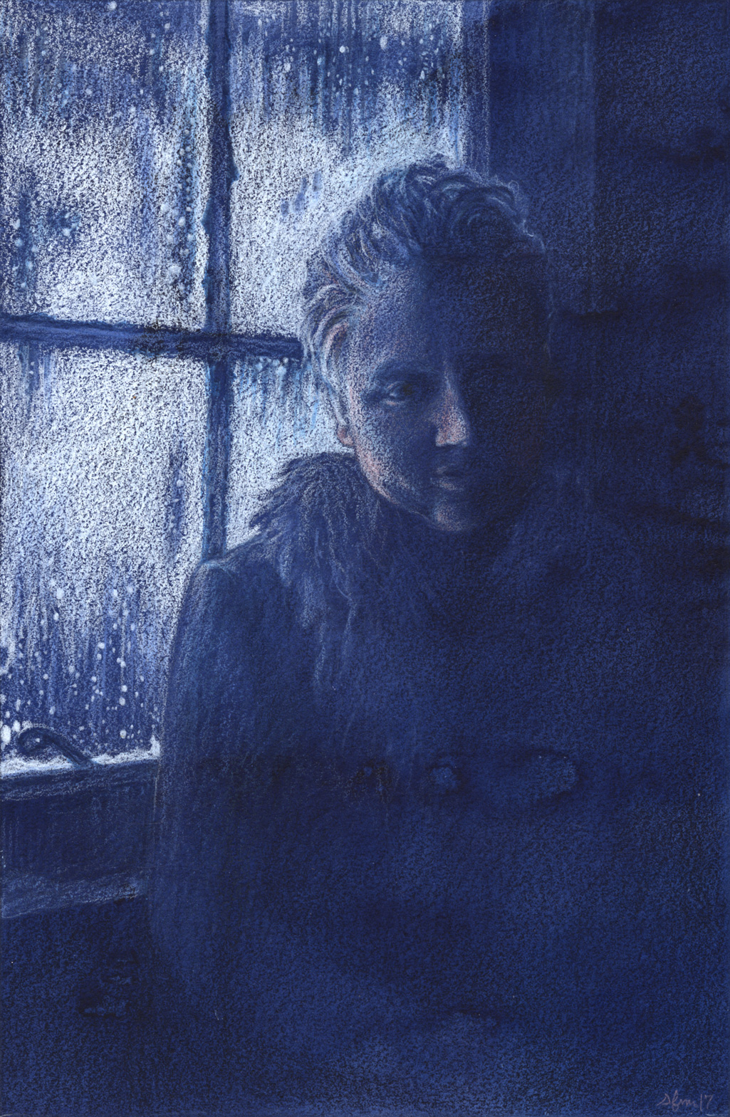 cold frigid winter woman Window blue White snow ice