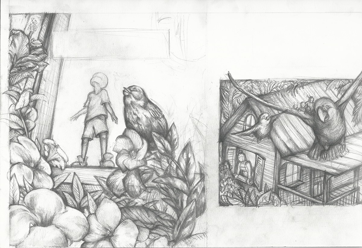 Rice and Rocks preliminary drawings sketches thumbnails rough ideas