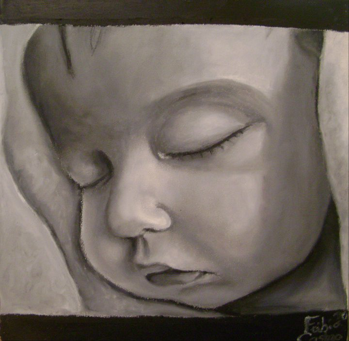 oil pastel oil portrait baby sleep calm black White nostalgia child
