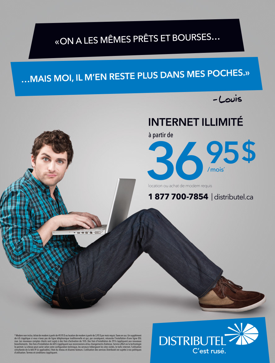 DISTRIBUTEL studio ad Internet service campaign man Laptop Canada Quebec Montreal Terrain Marketing telephone