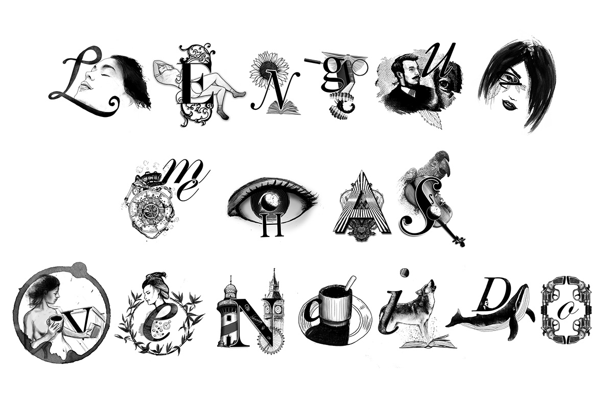 letters illustrated surreal poems literature black and white alphabet ink visual metaphor Arcimboldo
