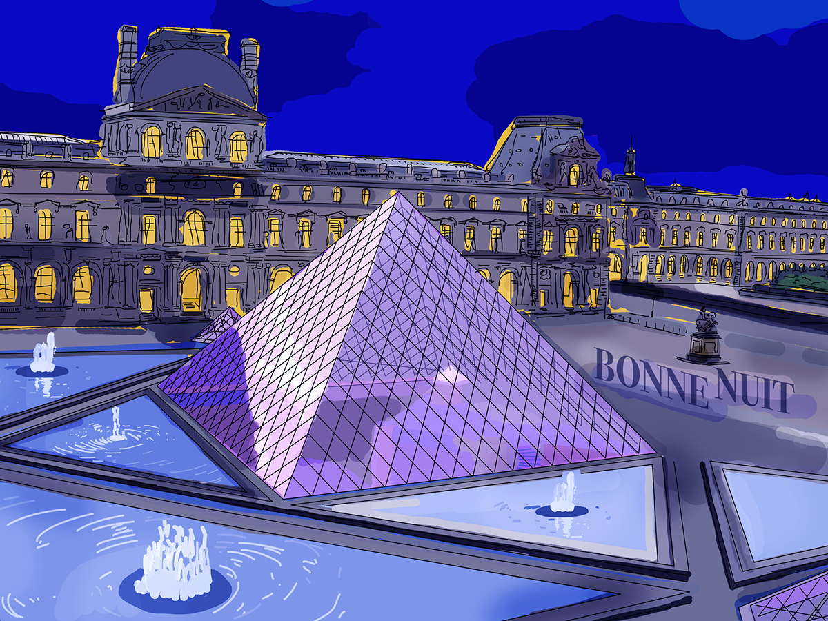 louvre museum bonjour bonne nuit pyramid Paris france French night Day