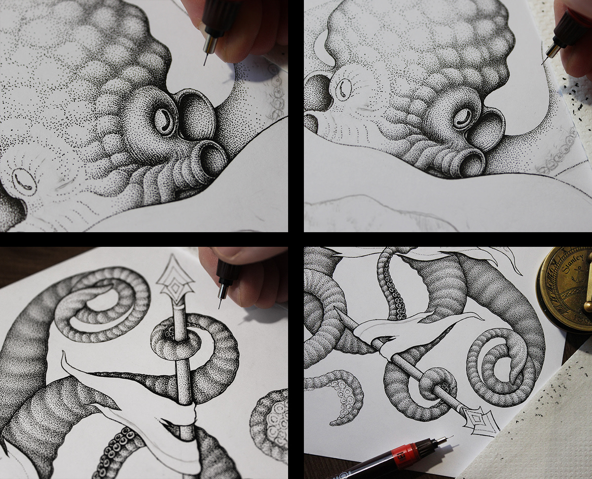 dotwork stippling Pointillism kraken octopus California ink tshirtdesign inkwork tentacles
