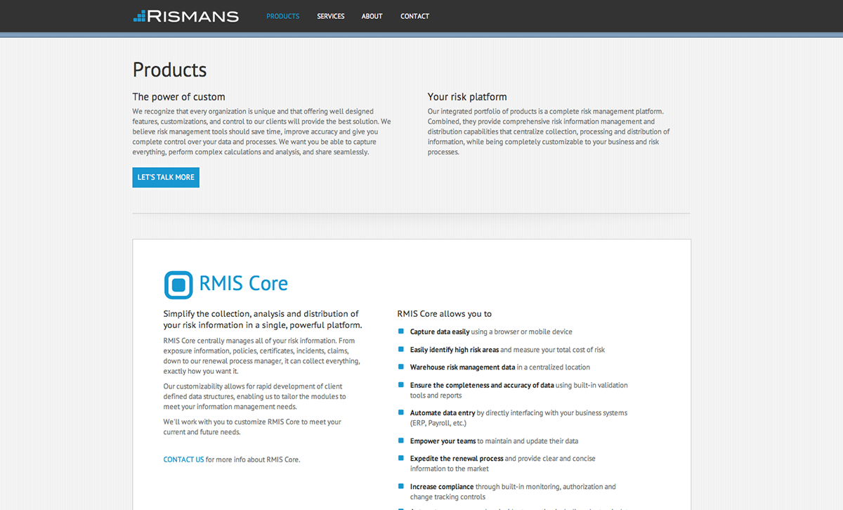 rismans  website  software   product web layout  Home page  product page  content  footer  Responsive Design