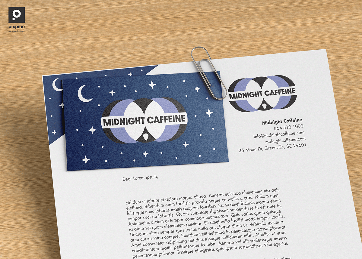 Identity System graphic design  letterhead logos Business card design midnight caffeine envelope design InDesign Illustrator
