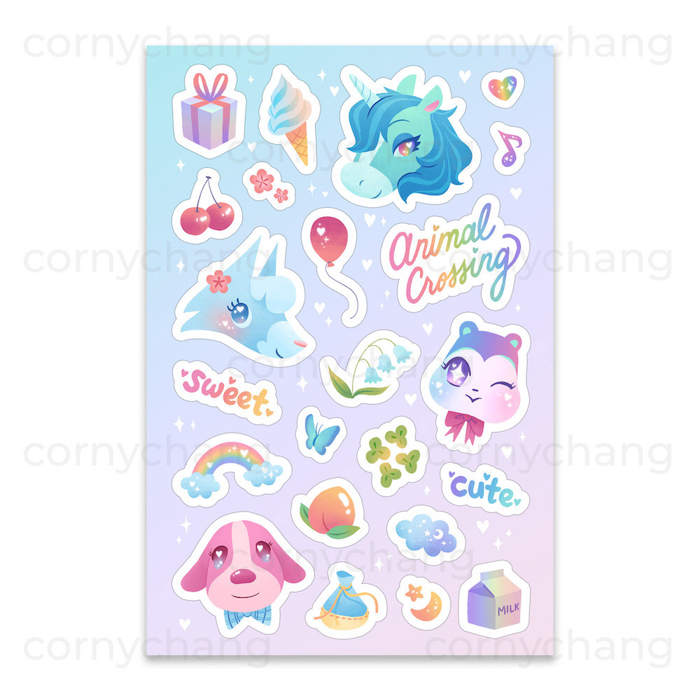 Animal Crossing fortune teller merengue pastel rainbow Sticker Sheets stickers Tropical typography  