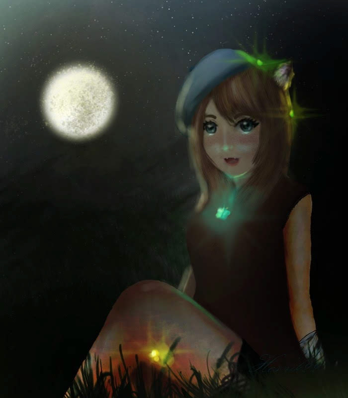 anime Nature girl lights moon Landscape art Owninvention oc