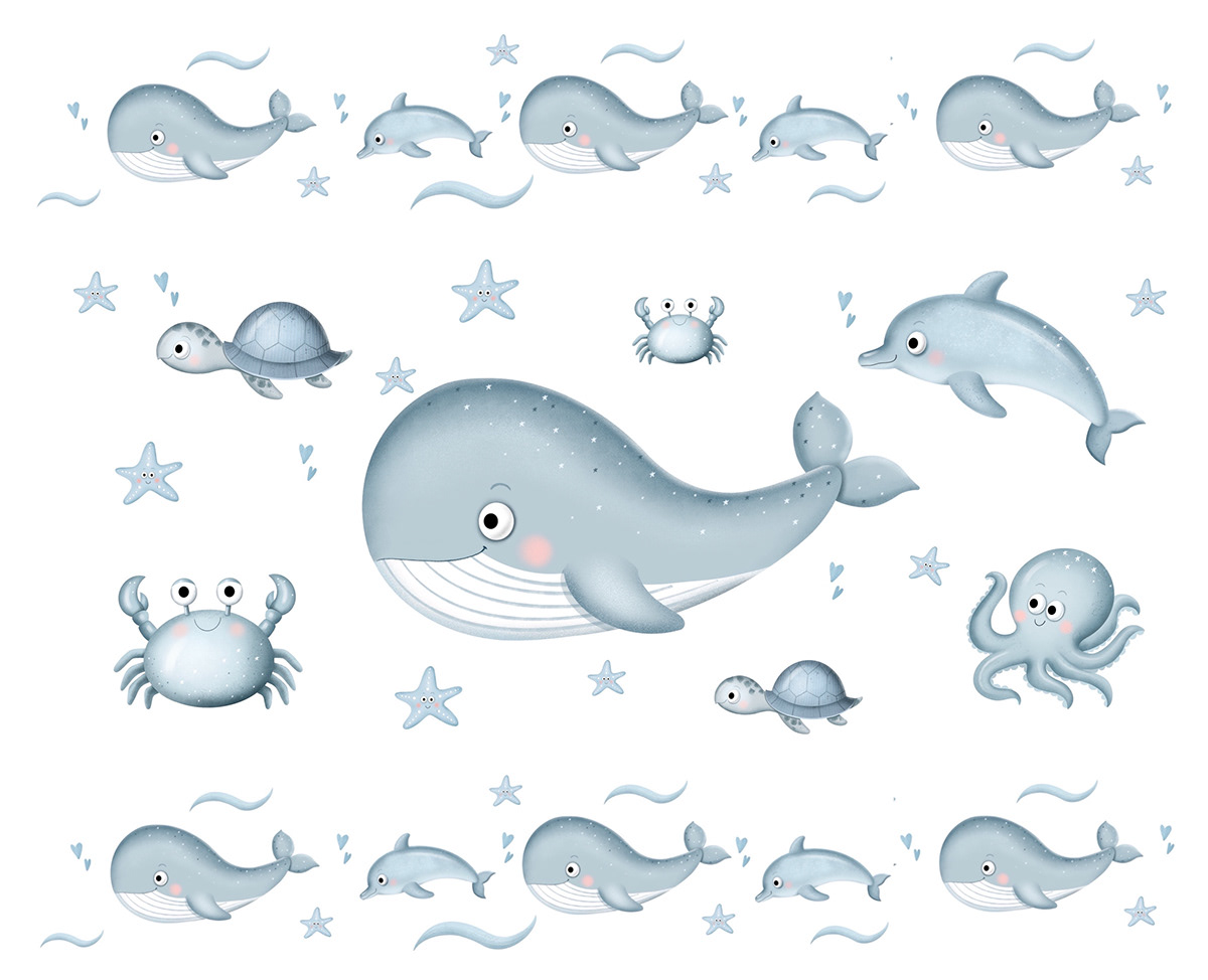 baby blue dolphin fish illustrations Ocean sea sticker Whale cute animals