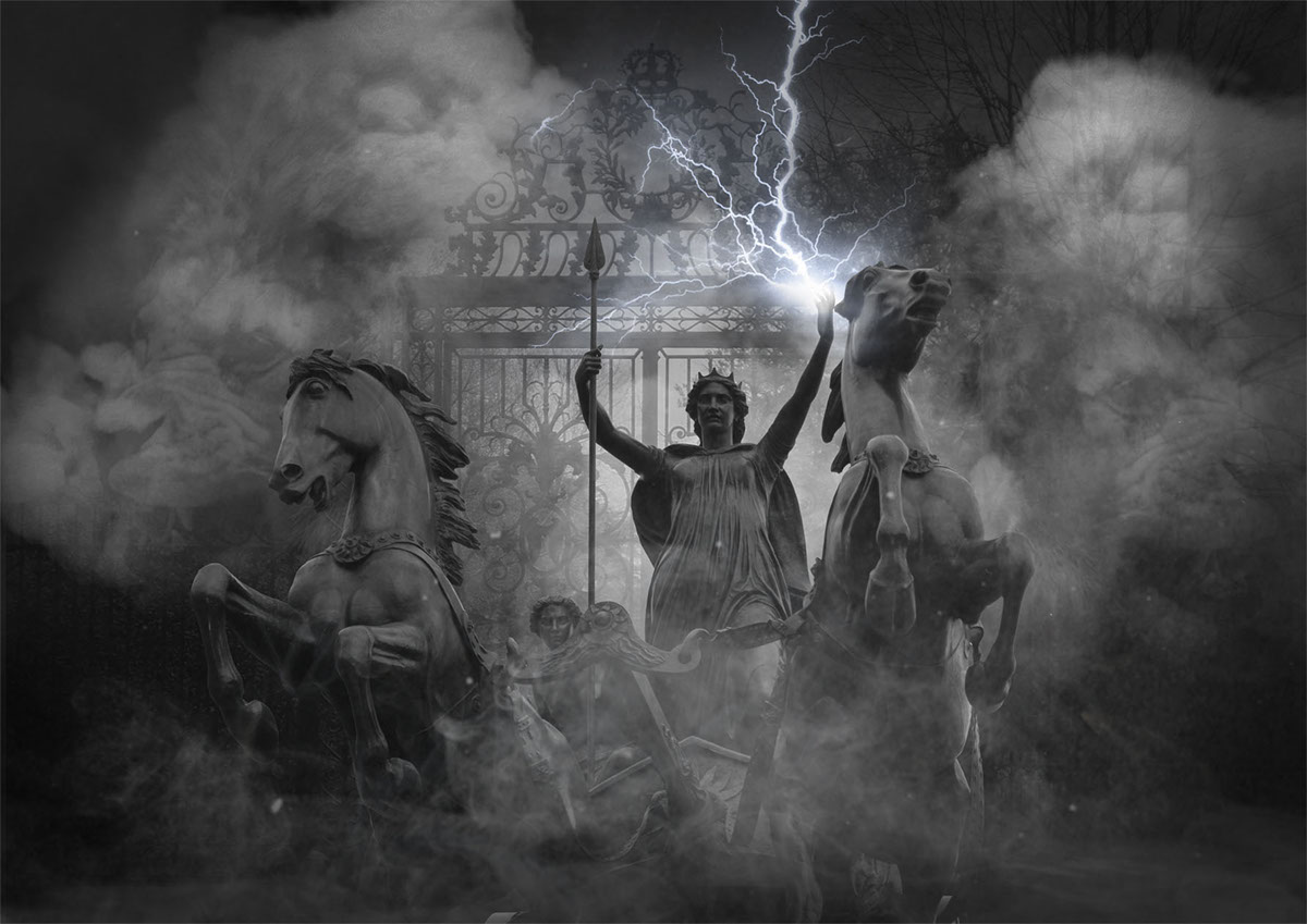 photomanipulation dark lion horse clouds mist smoke lightning statue animals gate