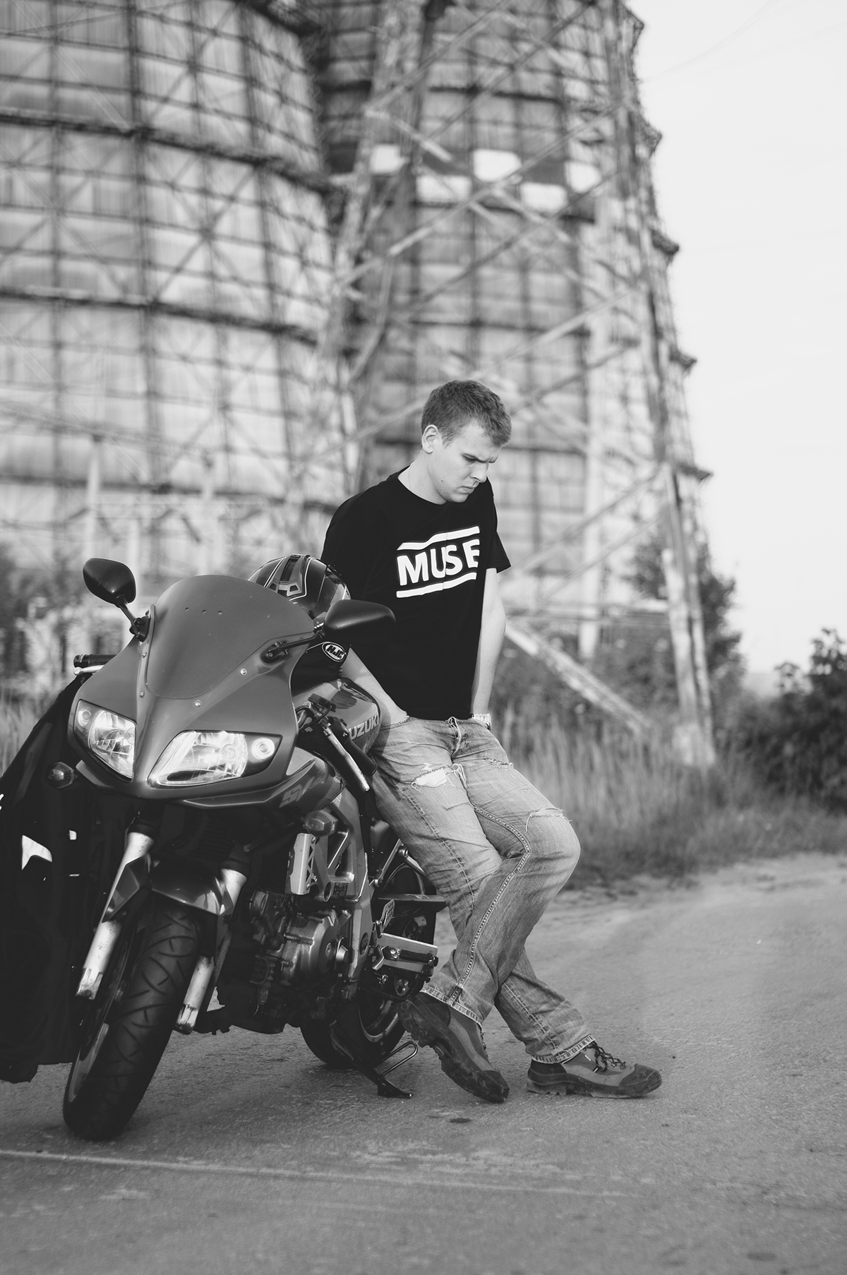 black & white motorcycle man industrial smoking