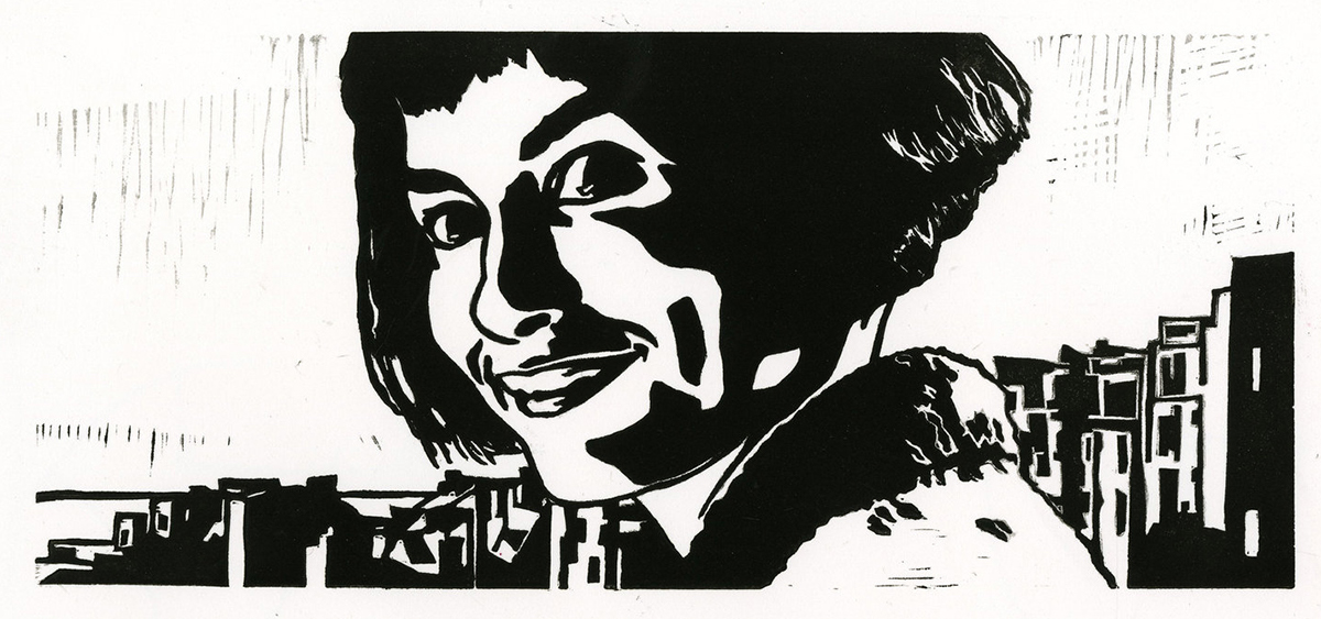 amelie Audrey Tautou printmaking linoleum cut black & white