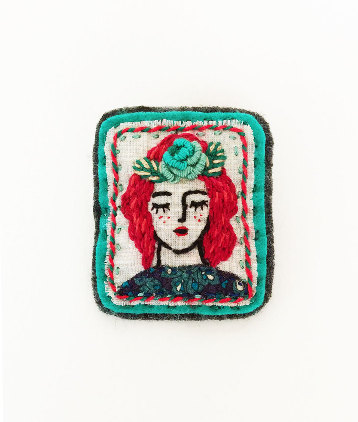 Embroidery handmade stitch brooch mint