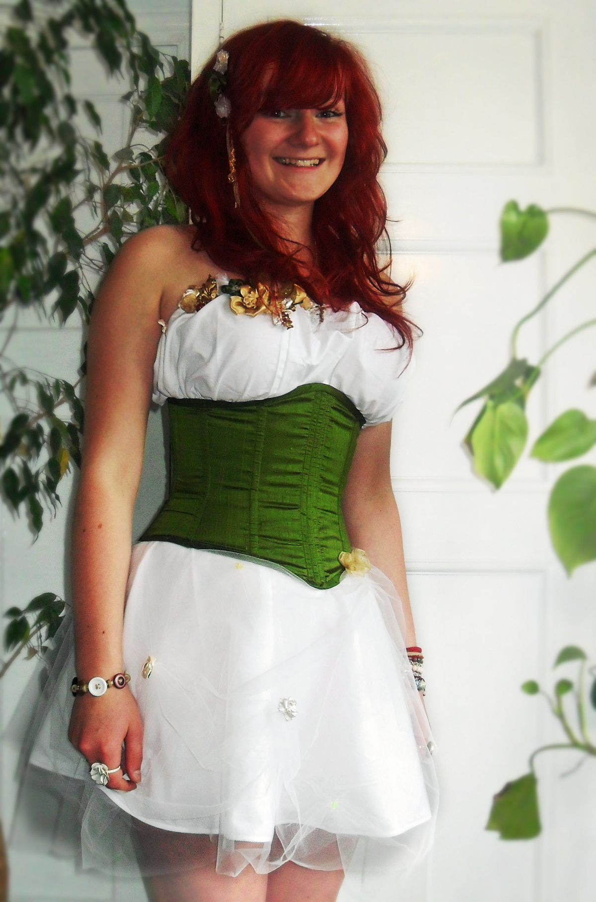 green pixie corset underbust Flowers ribbon ladybird slip spring handmade White