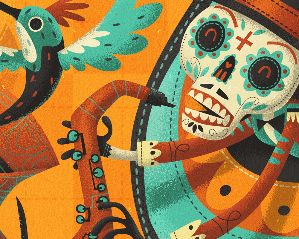 day of the dead dia de los muertos Mexican skulls illustrated Food  Burrito skeleton birds menu