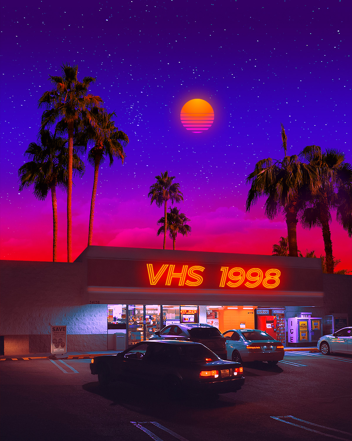 Cars Digital Art  neon lights nostalgia Palm Tree Retro sunset Synthwave vaporwave vhs