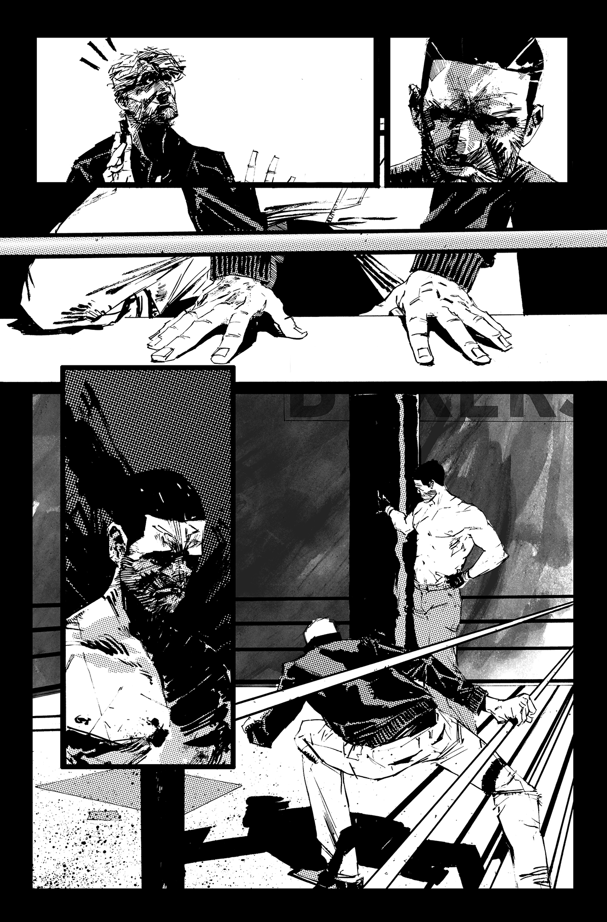 comic story Sequential Art narrative ink black and white Boxing boxing ring gym boxing gym city city street diner