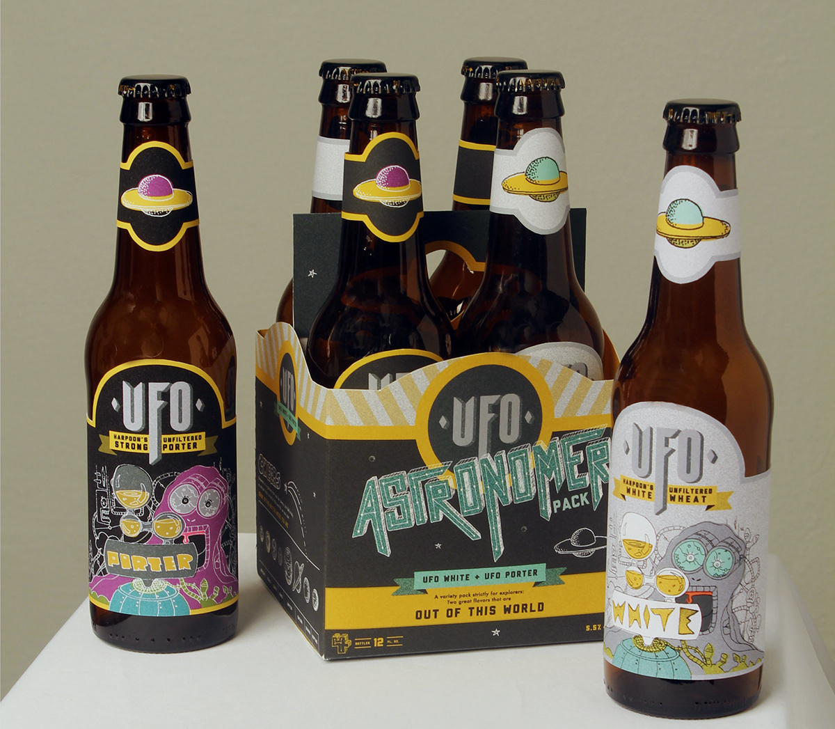 beer redesign beer carrier  Beer Packaging print alien  space  UFO  Harpoon labels carrier carton HAND LETTERING