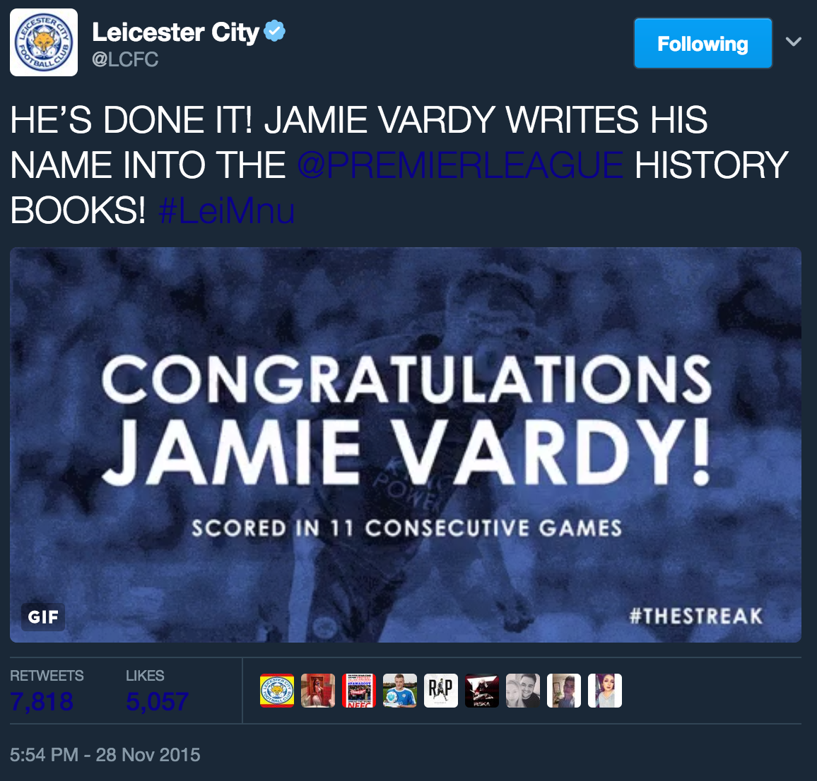 Jamie Vardy Premier League guinness world records record leicester city Manchester United noise Century Gothic