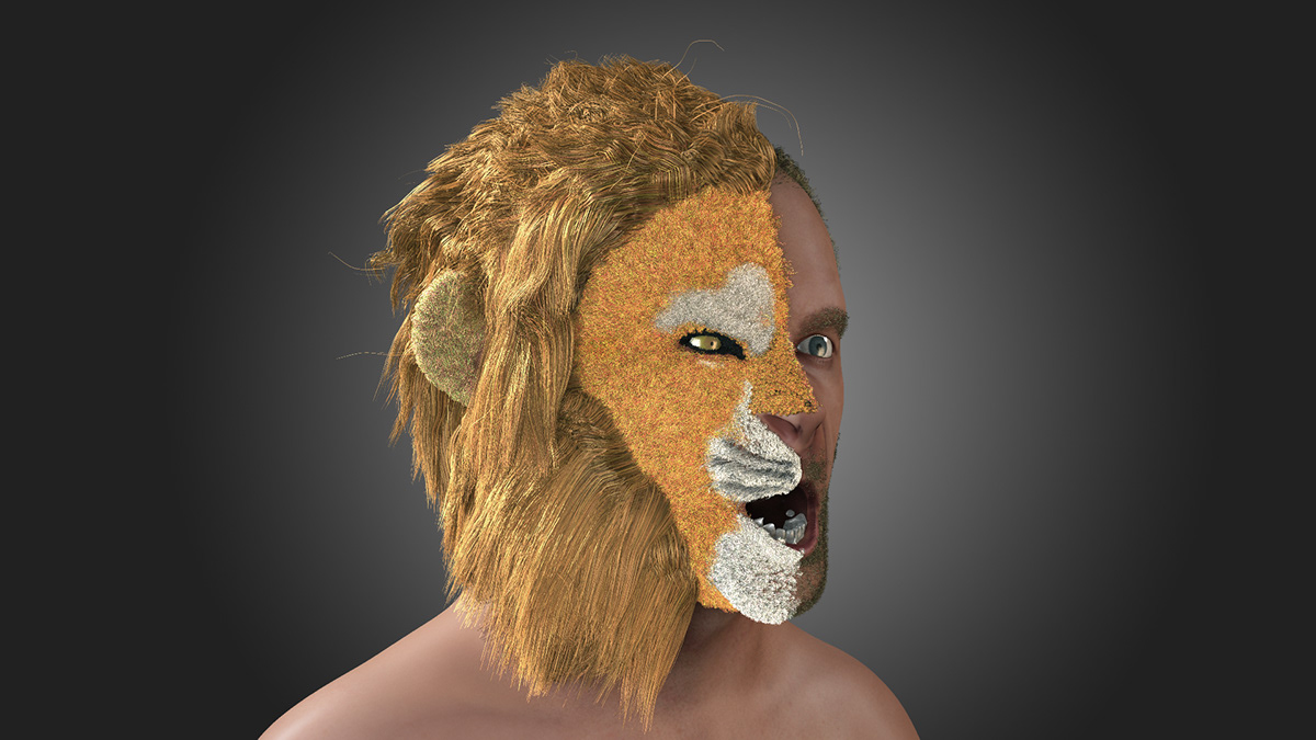 face head realistic animal human half integration vfx hair shiny lion Fur portrait game model