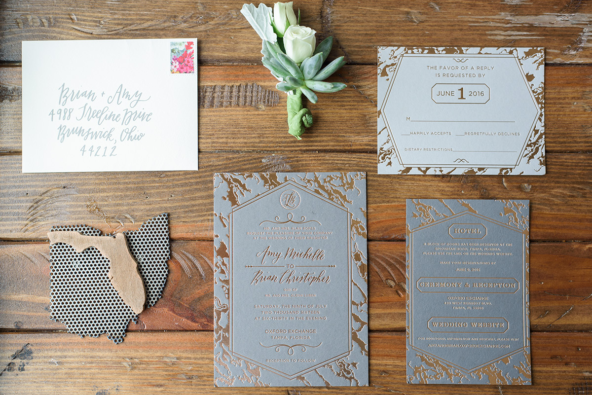 letterpress wedding design Invitation modern industrial Marble graphic design  vintage florida