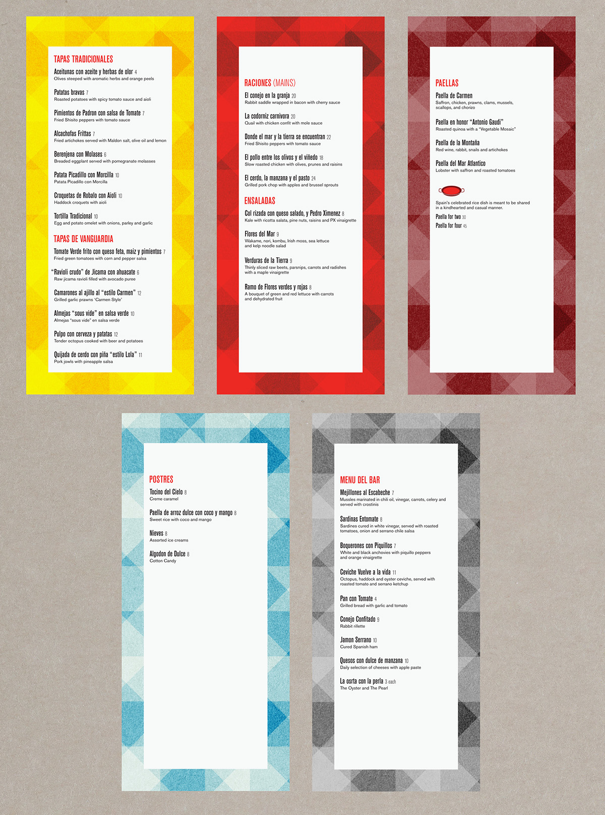 restaurant Food  spanish type print business card postcard menu  website sign yellow red blue inline condensed