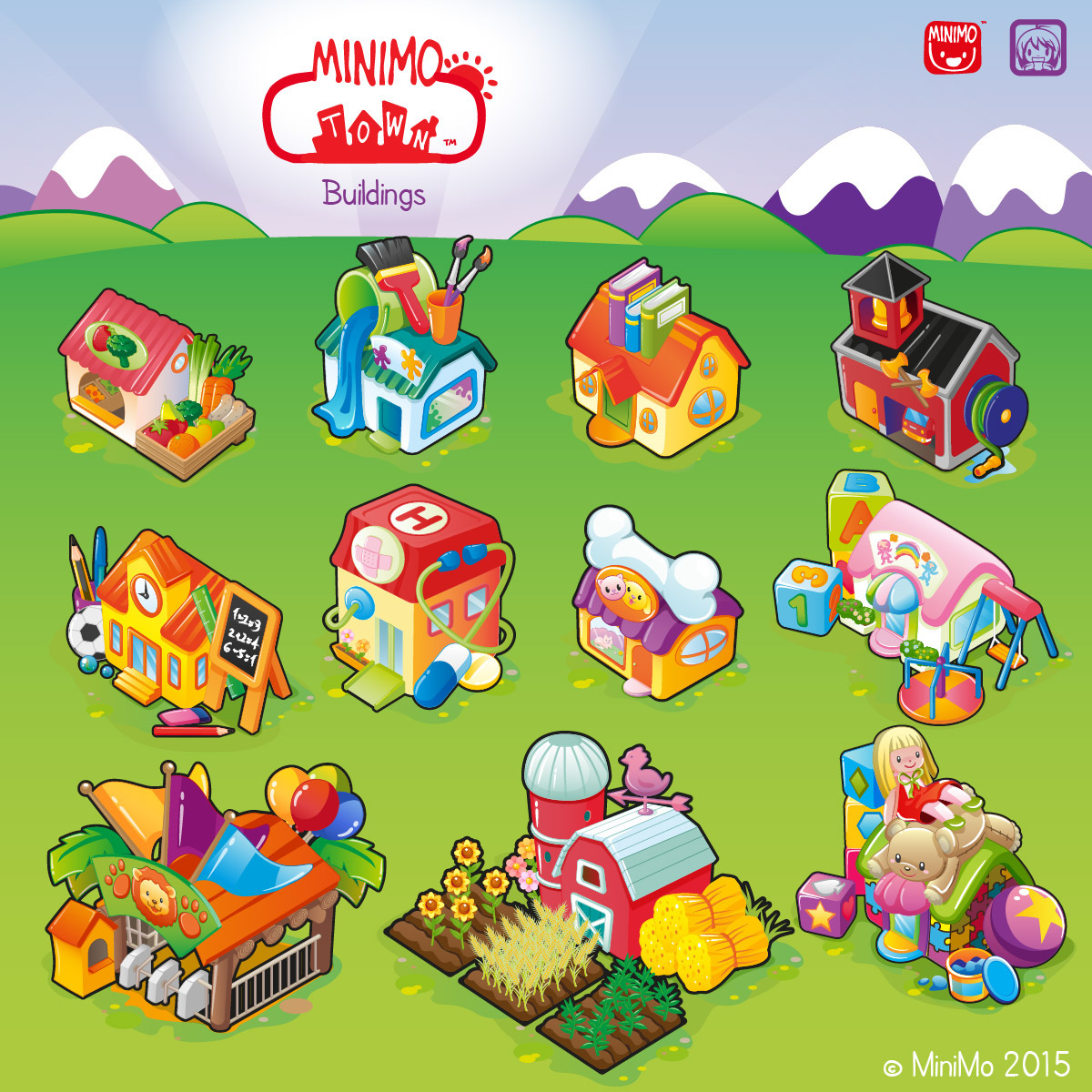 minimo town minimo game Educational Game children buildings citizens decoration Items graphic assets Game Assets