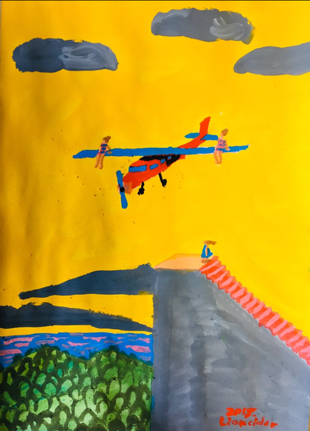 ILLUSTRATION  Drawing  propeller plane stairs Landscape person yellow Fly image art artwork colorful paintng pictures Acrylic paintng Illustrator