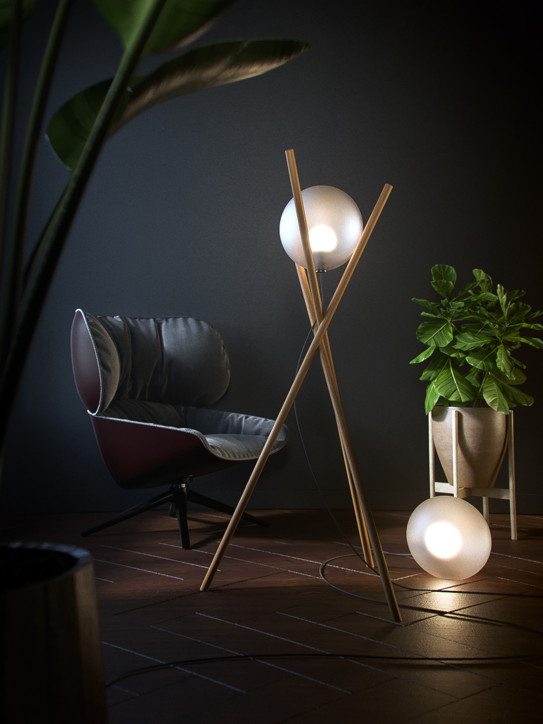 tripod floor lamp wood light industrial design  dark cozy Scandinavian Interior design