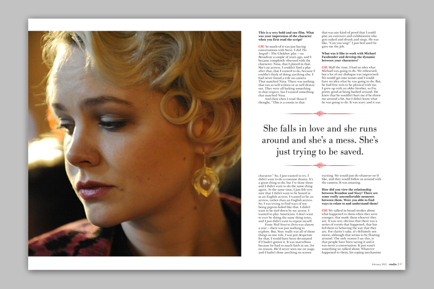 studio  Magazine  redesign editorial Layout Carey Mulligan spreads contents dirty sexy shame Shame movie
