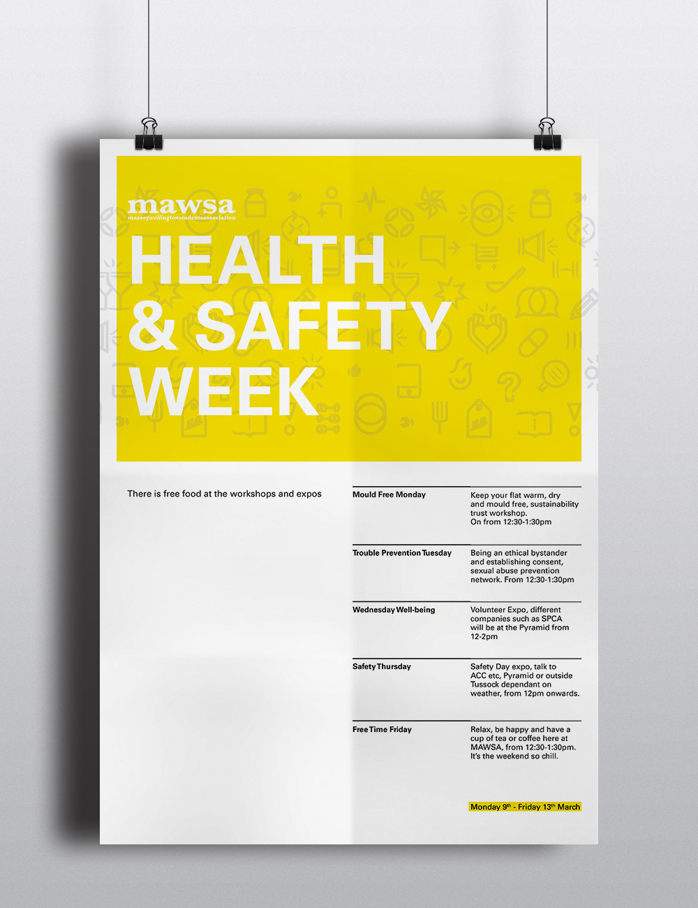 Health safety week workshops student Association Massey University poster icons hierachy yellow wellington mawsa Promotion