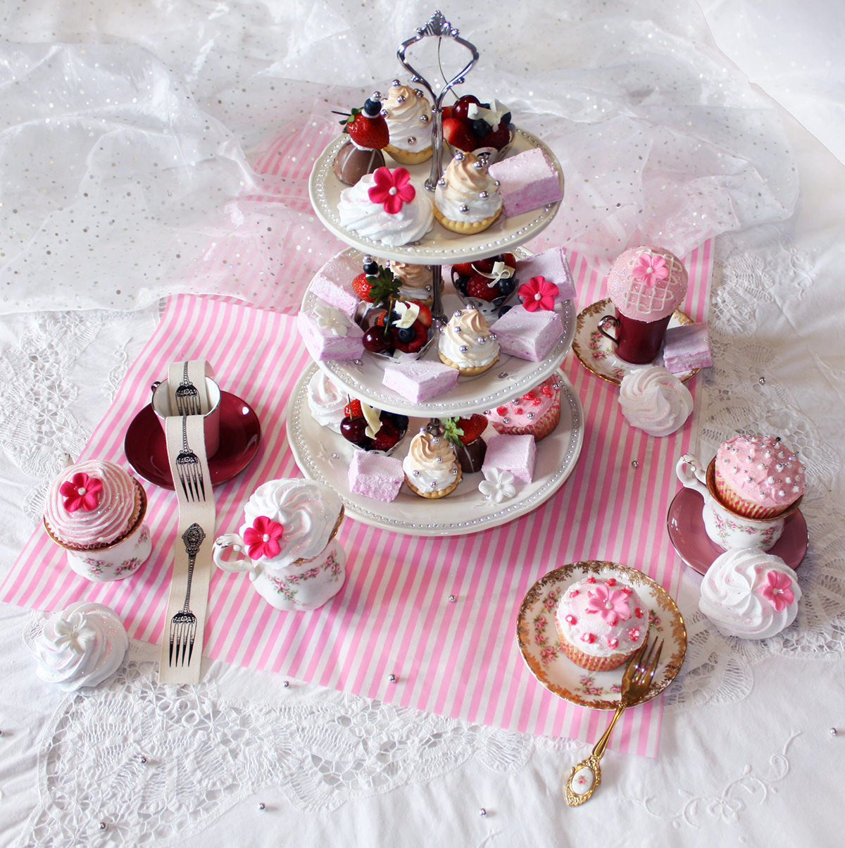 food photography food styling baking cake cupcakes pink high tea decadent