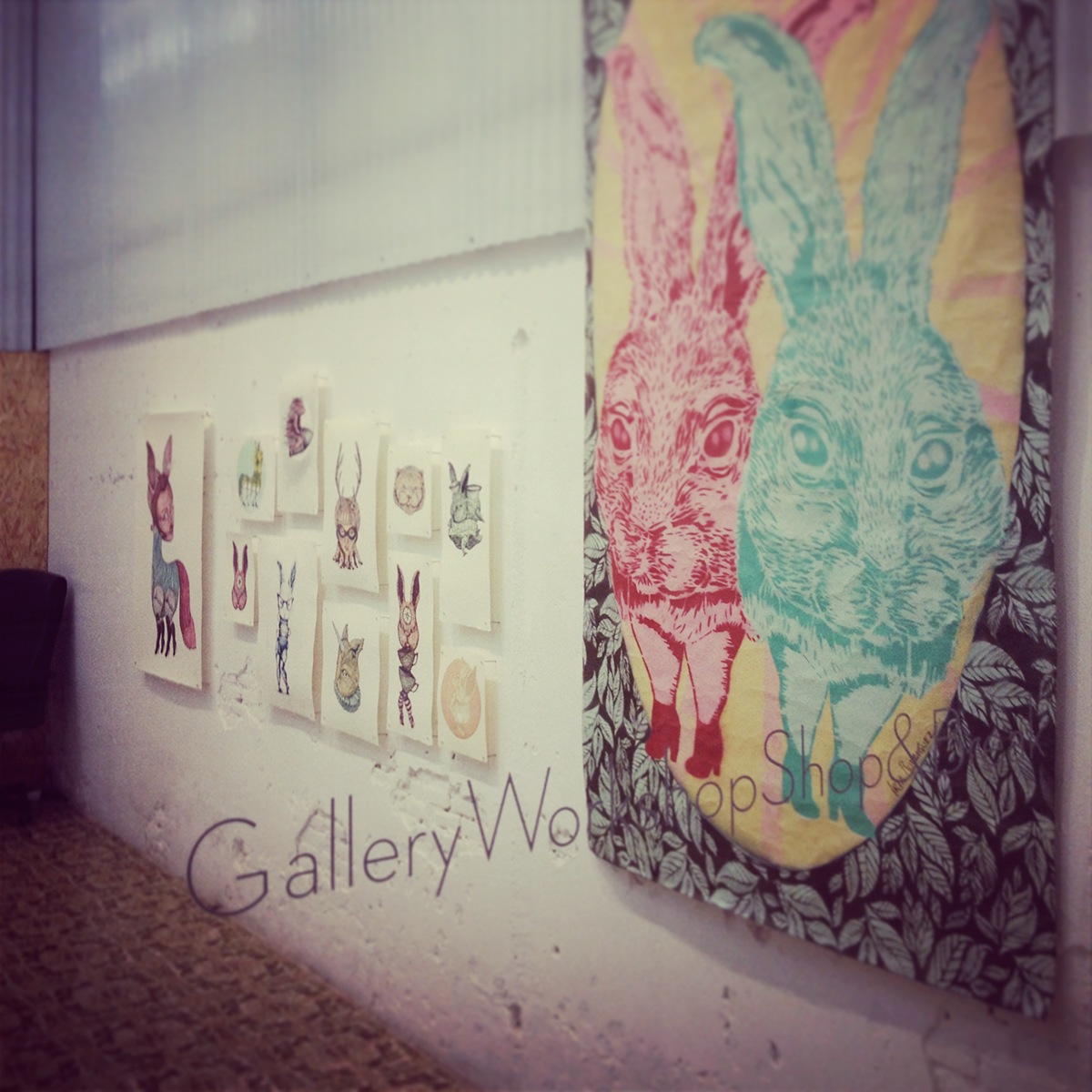 birds bunnies stencil printmaking  print animals wildlife pop surrealism lowbrow face sculpture TALES pink blue rabbit