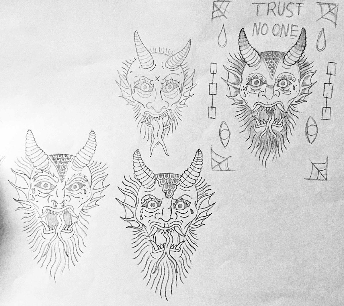 devil trust demon spider web eyes evil alana tomlin tattoo traditional mask