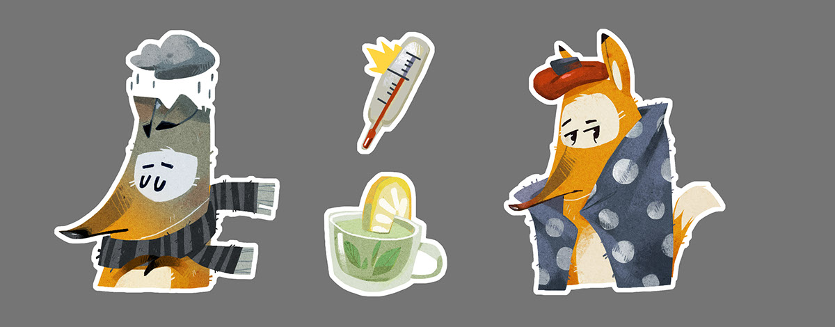 illustrtion art viber stickers FOX charcter cute red tea emotion 2D design phone app