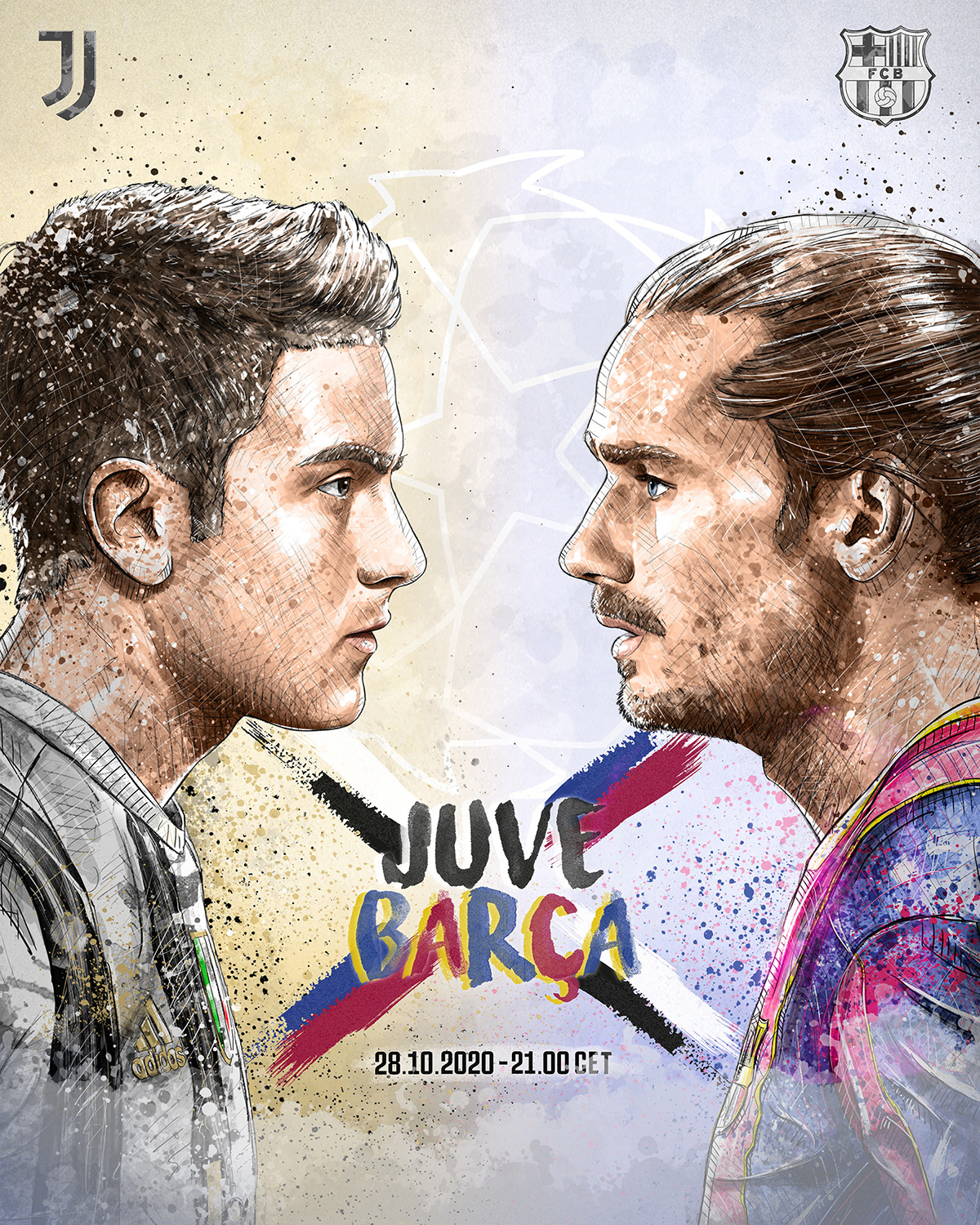 Dynamic sport/football illustration for Juventus vs. FC Barcelona: dybala, griezmann