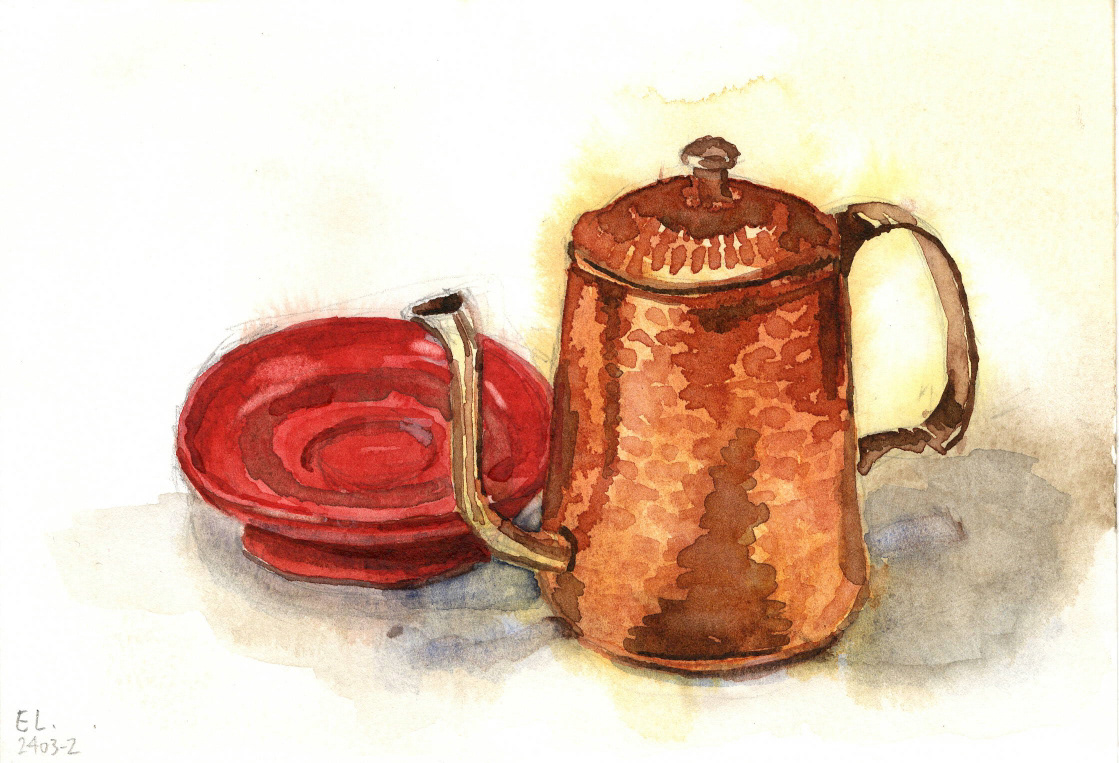 still life Coffee lacquerware watercolor bronzeware