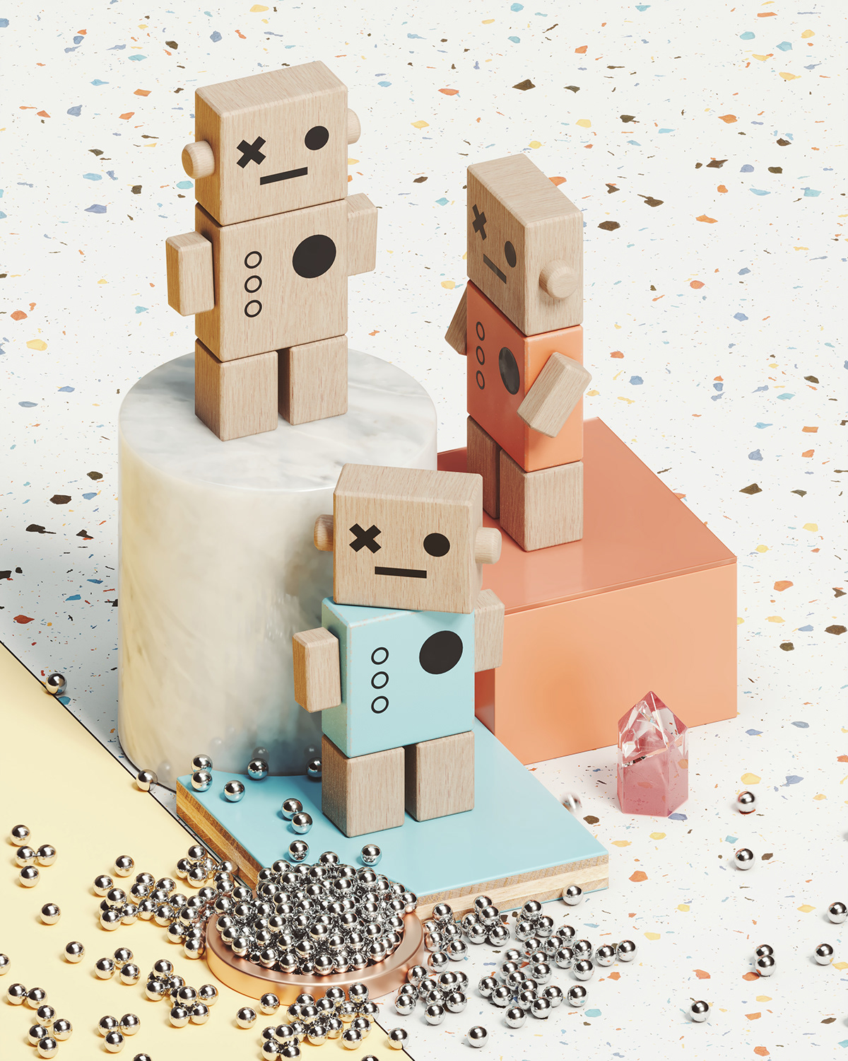 colours Fun play product render Render robot Terrazzo toy wood