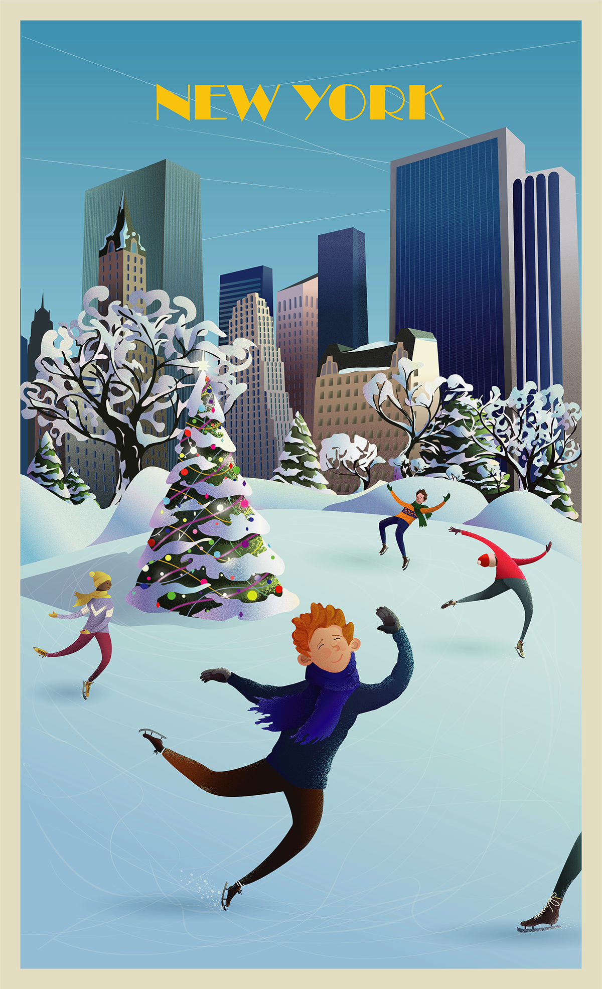 New York Christmas Central Park Ice Rink ILLUSTRATION  vector poster postcard Character design  cartoon characters