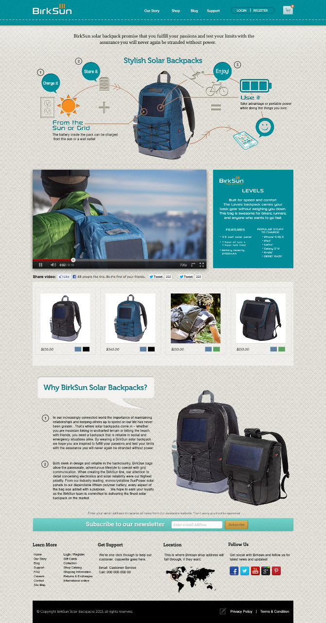 solar backpack birksun Web design digital creative infographic bag Shopify Ecommerce