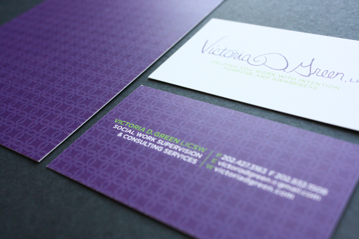 business card licsw lawyer Social Work domestic violence purple green